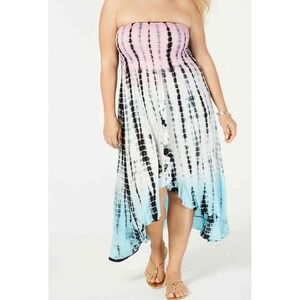 New Tie Dye Smocked Strapless High Low Midi Dress Pink Blue boho Y2K whimsi
